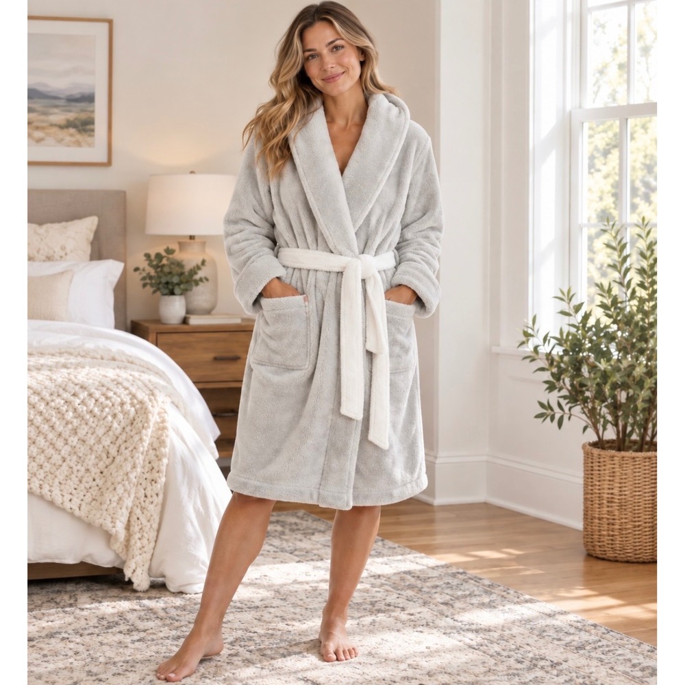 L.L. Bean Women's Plush Fleece Robe Large Gray White Belt NWOT